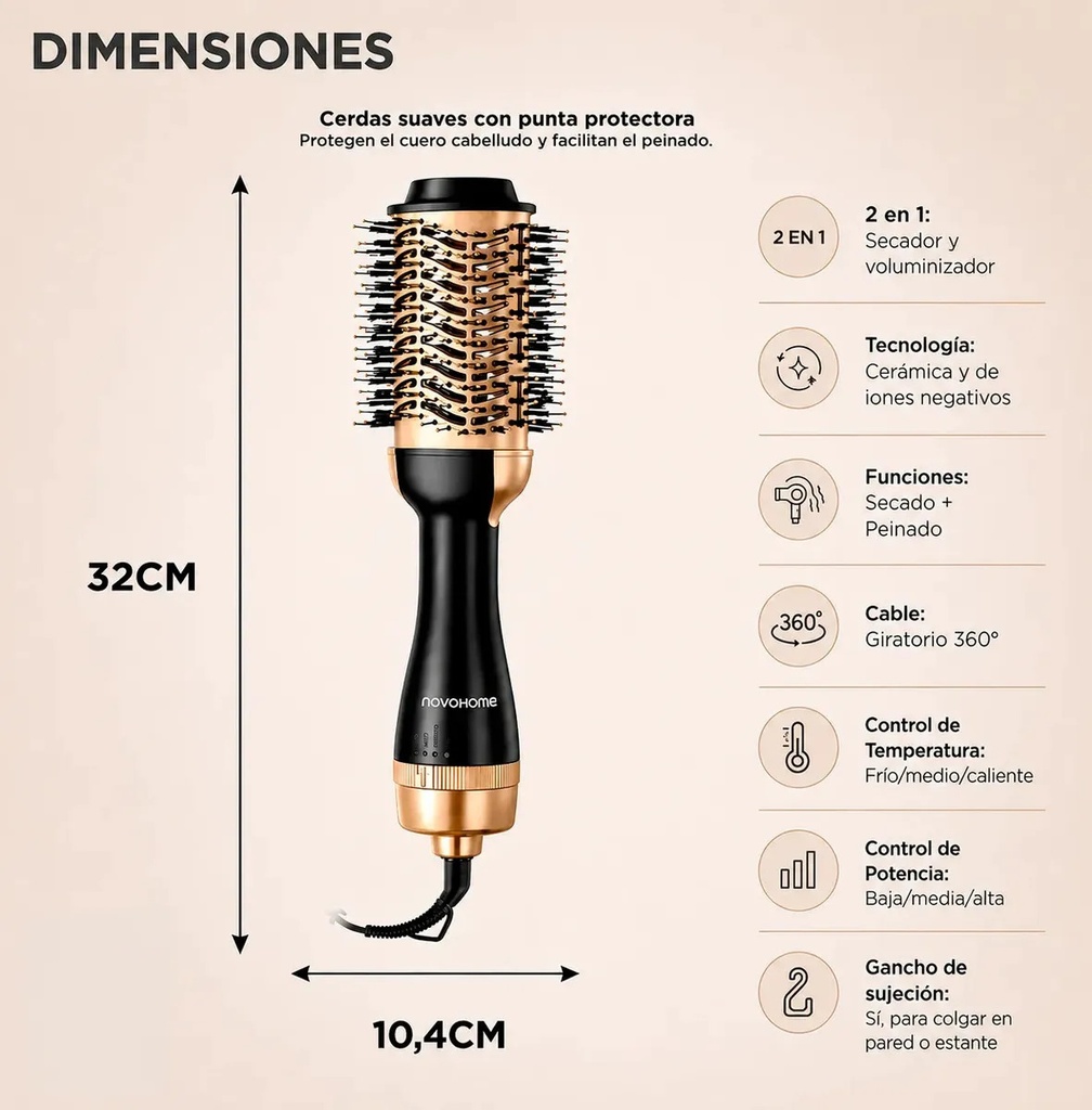 CEPILLO DE AIRE ALISADOR SECADOR 800W NOVOHOME - 8