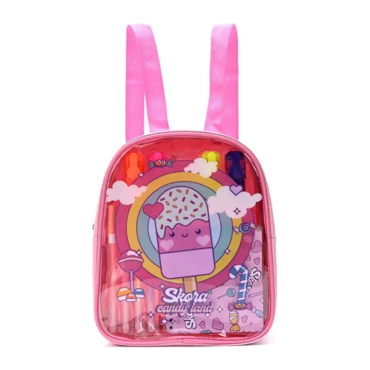 MOCHILA CON SET LIBRERÍA INCLUYE CUADERNO HELADITO 21X7X25 CM X1U (ESTAMPADO - UNIDAD) SKORA