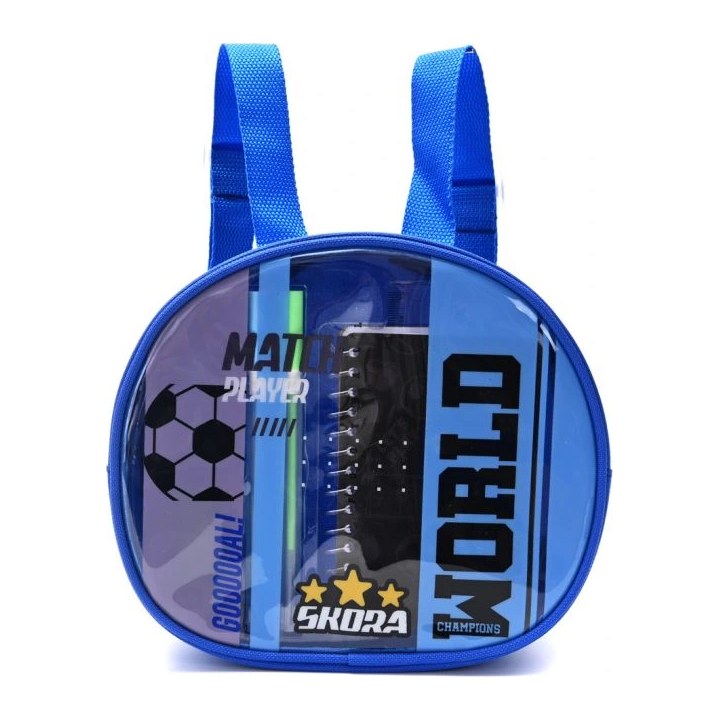 MOCHILA CON SET LIBRERIA CUADERNO FUTBOL WORLD AZUL SKORA